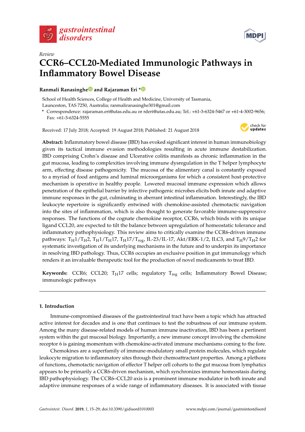 CCR6–CCL20-Mediated Immunologic Pathways in Inflammatory Bowel