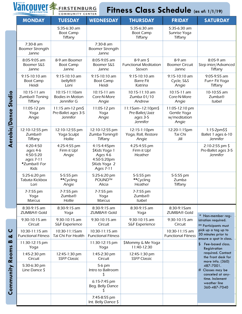 Fitness Class Schedule (As Of: 1/1/19)