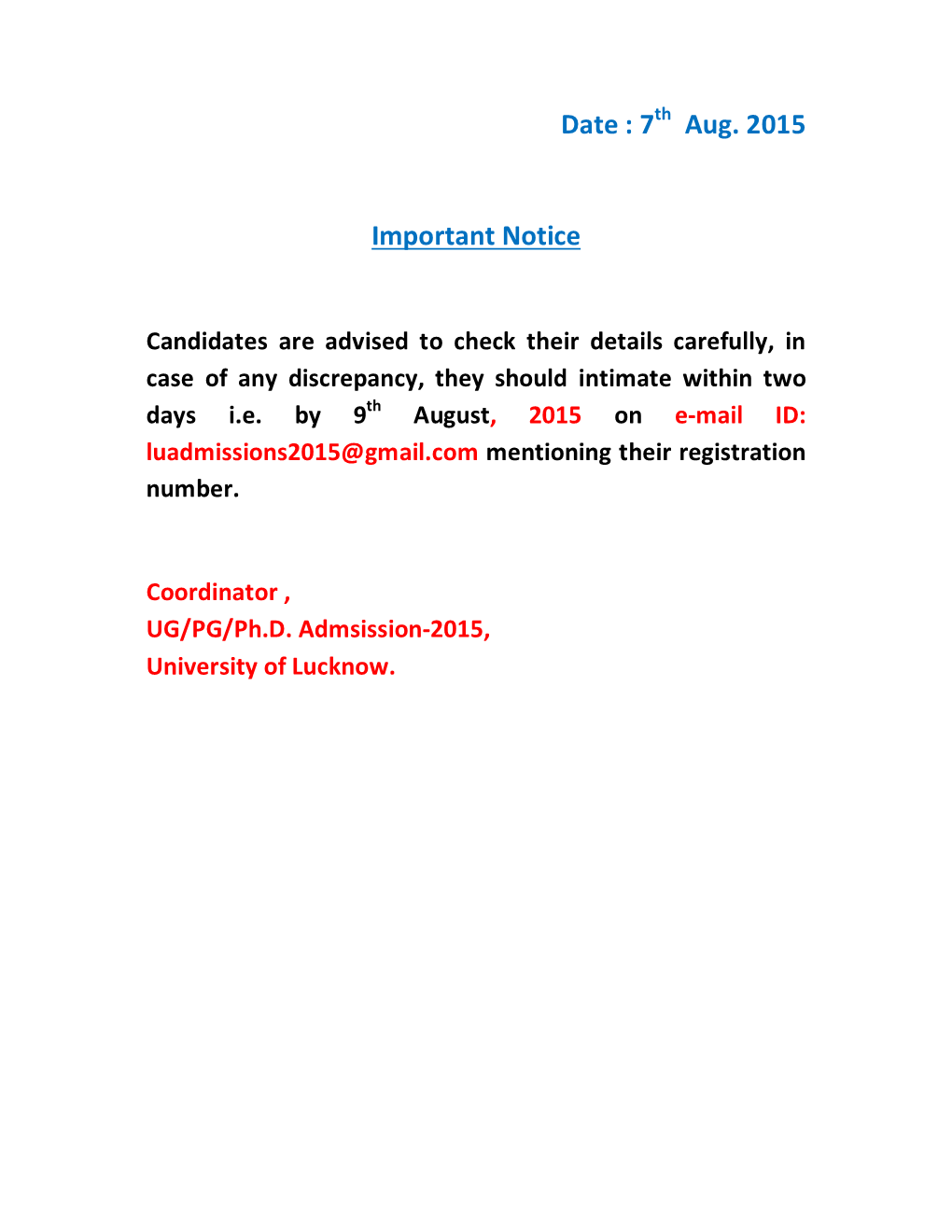 Aug. 2015 Important Notice