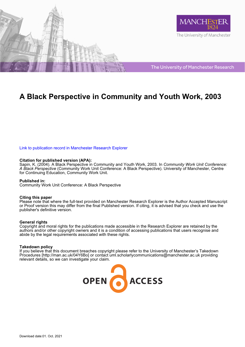 A Black Perspective in Community and Youth Work, 2003