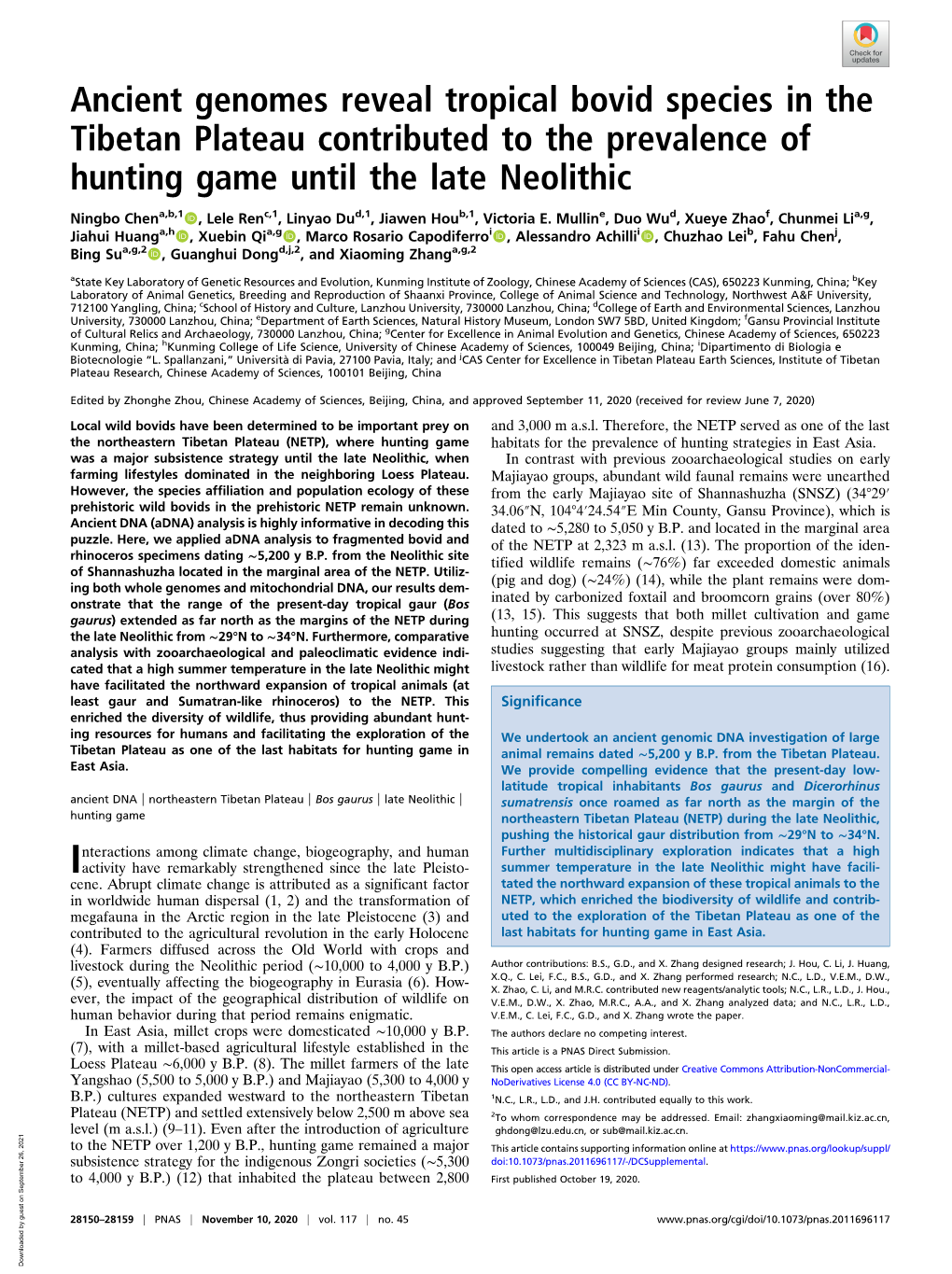 Ancient Genomes Reveal Tropical Bovid Species in the Tibetan Plateau Contributed to the Prevalence of Hunting Game Until the Late Neolithic