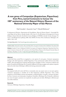 Eupatorieae, Piqueriinae) from Peru, Named Centenaria to Honour the 100Th Anniversary of the Natural History Museum of the National University Mayor of San Marcos