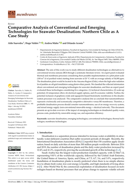 Comparative Analysis of Conventional and Emerging Technologies for Seawater Desalination: Northern Chile As a Case Study