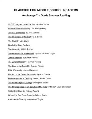 CLASSICS for MIDDLE SCHOOL READERS Anchorage 7Th Grade Summer Reading