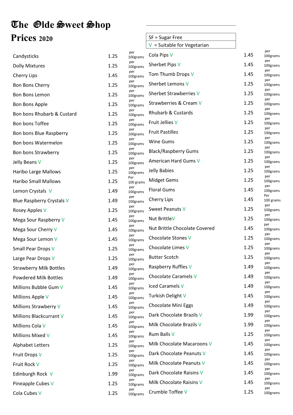 The Olde Sweet Shop Prices 2020