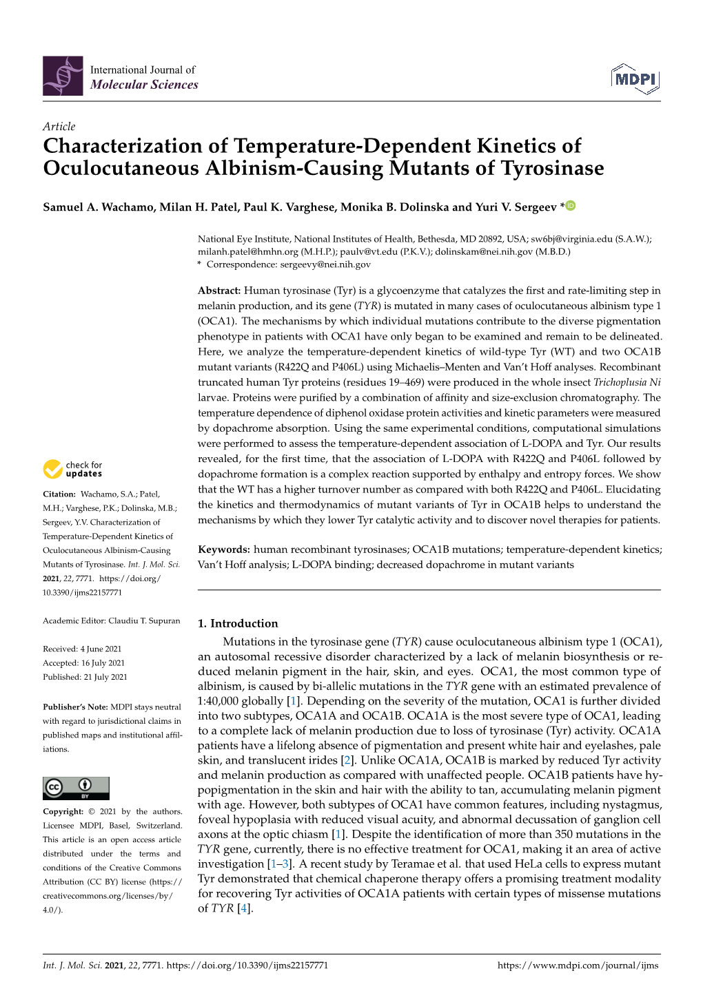 Characterization of Temperature-Dependent Kinetics of Oculocutaneous Albinism-Causing Mutants of Tyrosinase