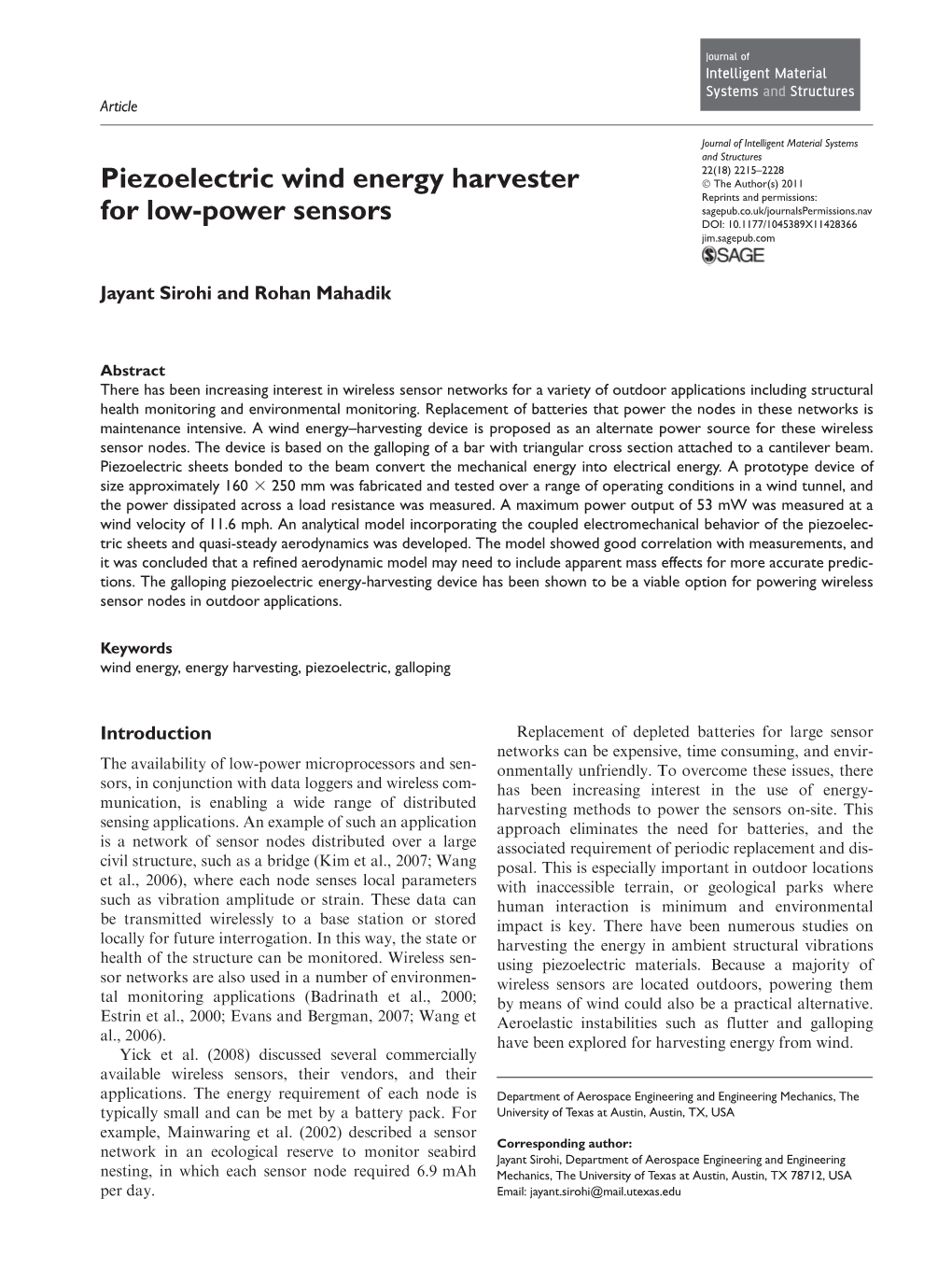 Piezoelectric Wind Energy Harvester for Low-Power Sensors