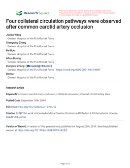 Four Collateral Circulation Pathways Were Observed After Common Carotid Artery Occlusion