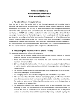 Janata Dal (Secular) Karnataka State Manifesto 2018 Assembly Elections