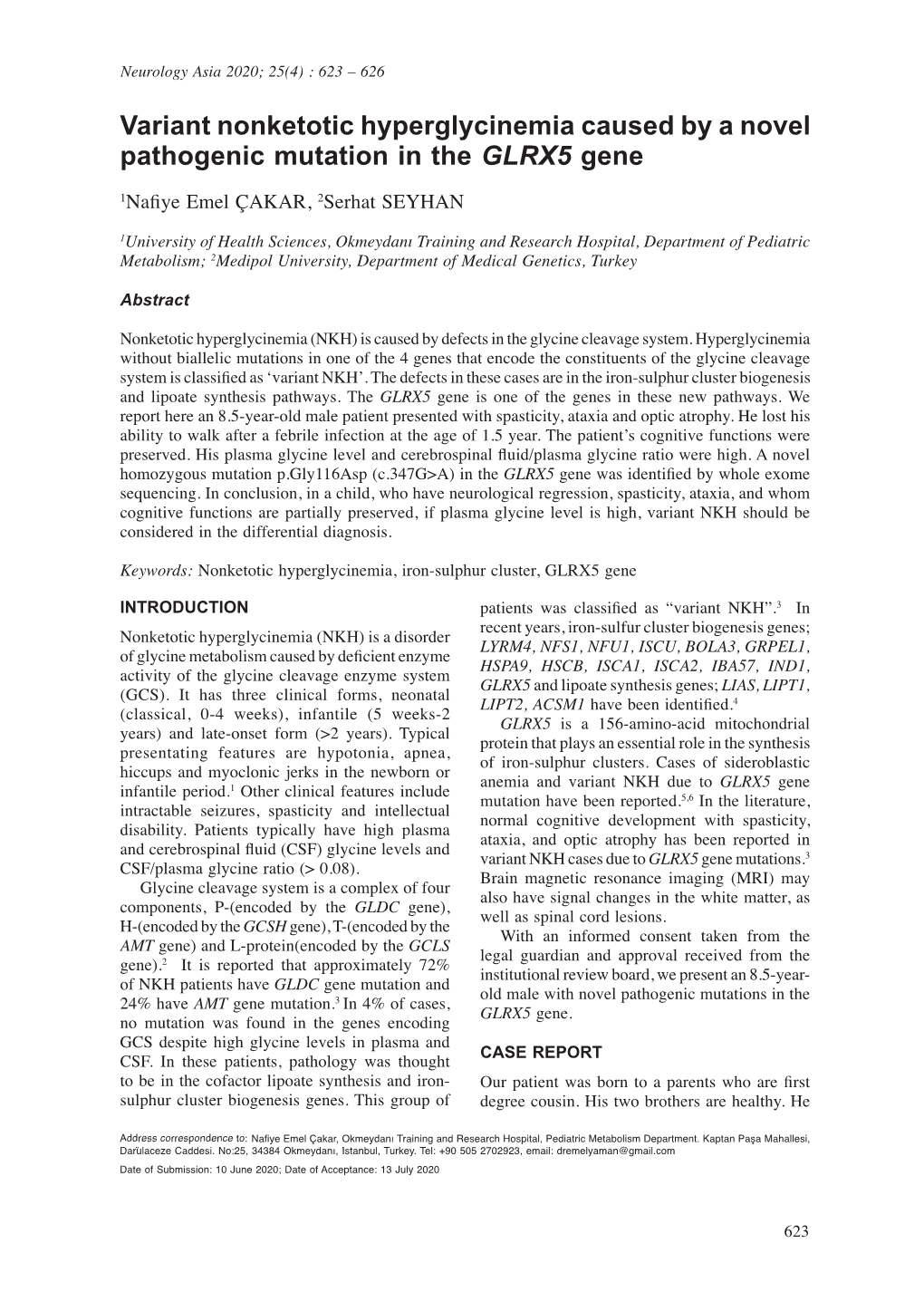 Variant Nonketotic Hyperglycinemia Caused by a Novel Pathogenic Mutation in the GLRX5 Gene