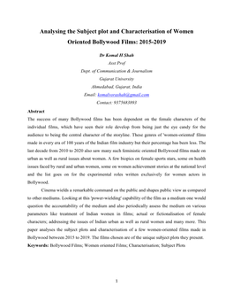 Analysing the Subject Plot and Characterisation of Women Oriented Bollywood Films: 2015-2019