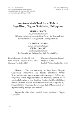 An Annotated Checklist of Eels in Bago River, Negros Occidental, Philippines
