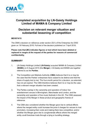 Decision on Relevant Merger Situation and Substantial Lessening of Competition