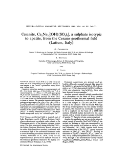 Cesanite, Ca2na3[(OH)(S04)3], a Sulphate Isotypic to Apatite, from the Cesano Geothermal Field (Latium, Italy)