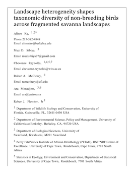 Landscape Heterogeneity Shapes Taxonomic Diversity of Non-Breeding Birds Across Fragmented Savanna Landscapes