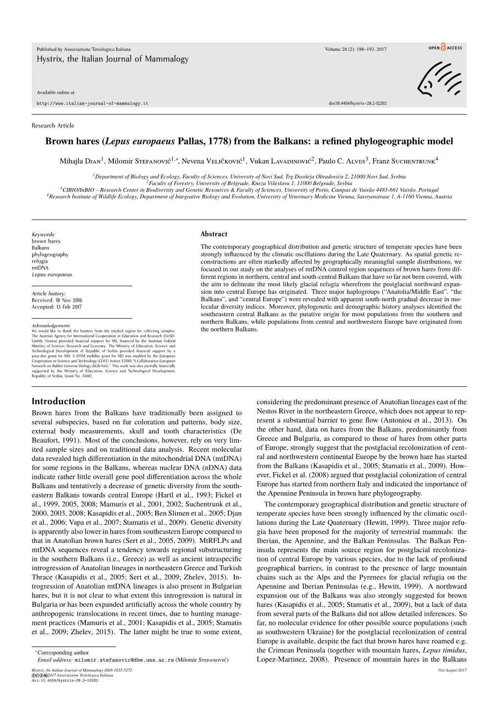 Brown Hares (Lepus Europaeus Pallas, 1778) from the Balkans: a Reﬁned Phylogeographic Model