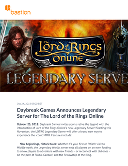 Daybreak Games Announces Legendary Server for the Lord of the Rings Online