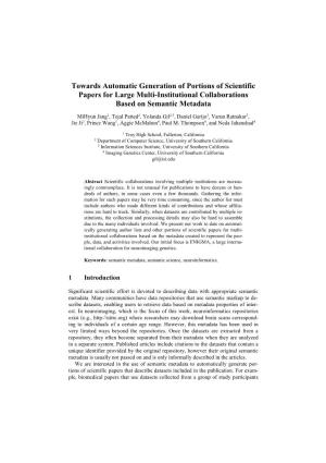 Towards Automatic Generation of Portions of Scientific Papers for Large Multi-Institutional Collaborations Based on Semantic Metadata