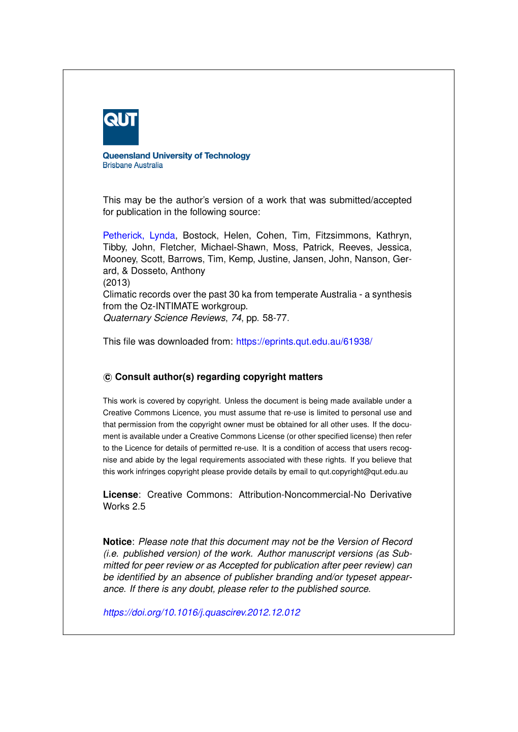 Climatic Records Over the Past 30 Ka from Temperate Australia-A