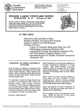 FINGER LAKES VINEYARD NOTES NEWSLETTER '96 #3 February Ui, 1996