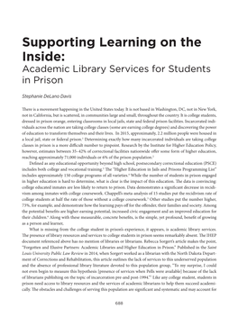 Supporting Learning on the Inside: Academic Library Services for Students in Prison