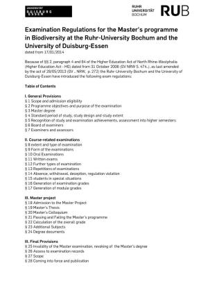 Examination Regulations for the Master's Programme in Biodiversity at the Ruhr-University Bochum and the University of Duisburg-Essen Dated from 17/01/2014