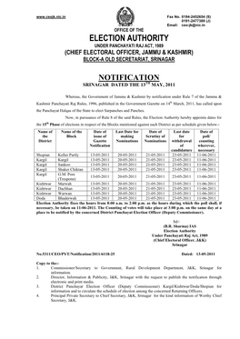 Election Authority Under Panchayati Raj Act, 1989 (Chief Electoral Officer, Jammu & Kashmir) Block-A Old Secretariat, Srinagar