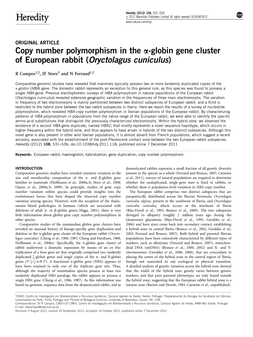 Globin Gene Cluster of European Rabbit (Oryctolagus Cuniculus)