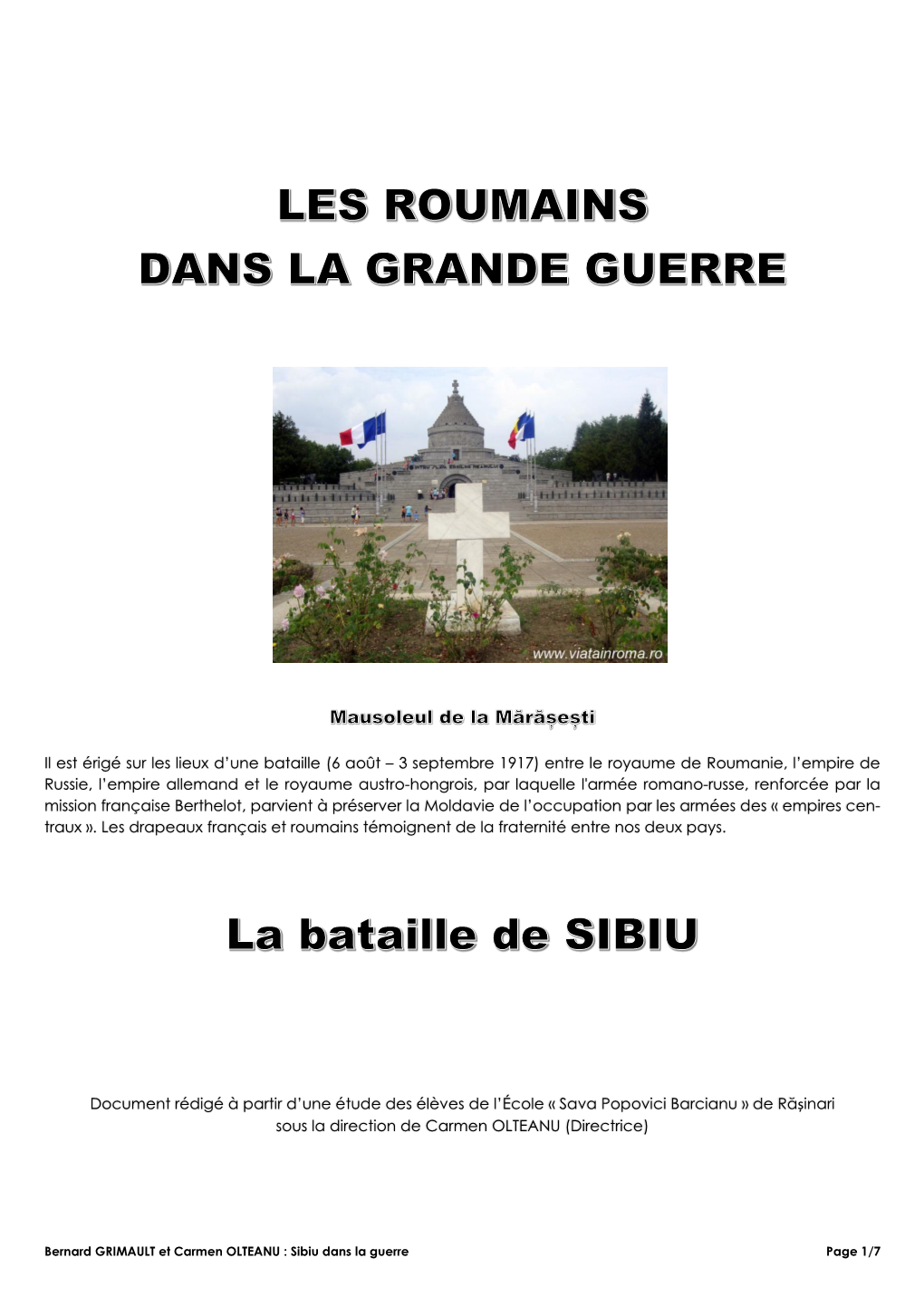 (6 Août – 3 Septembre 1917) Entre Le Royaume De Roumanie, L'empire De