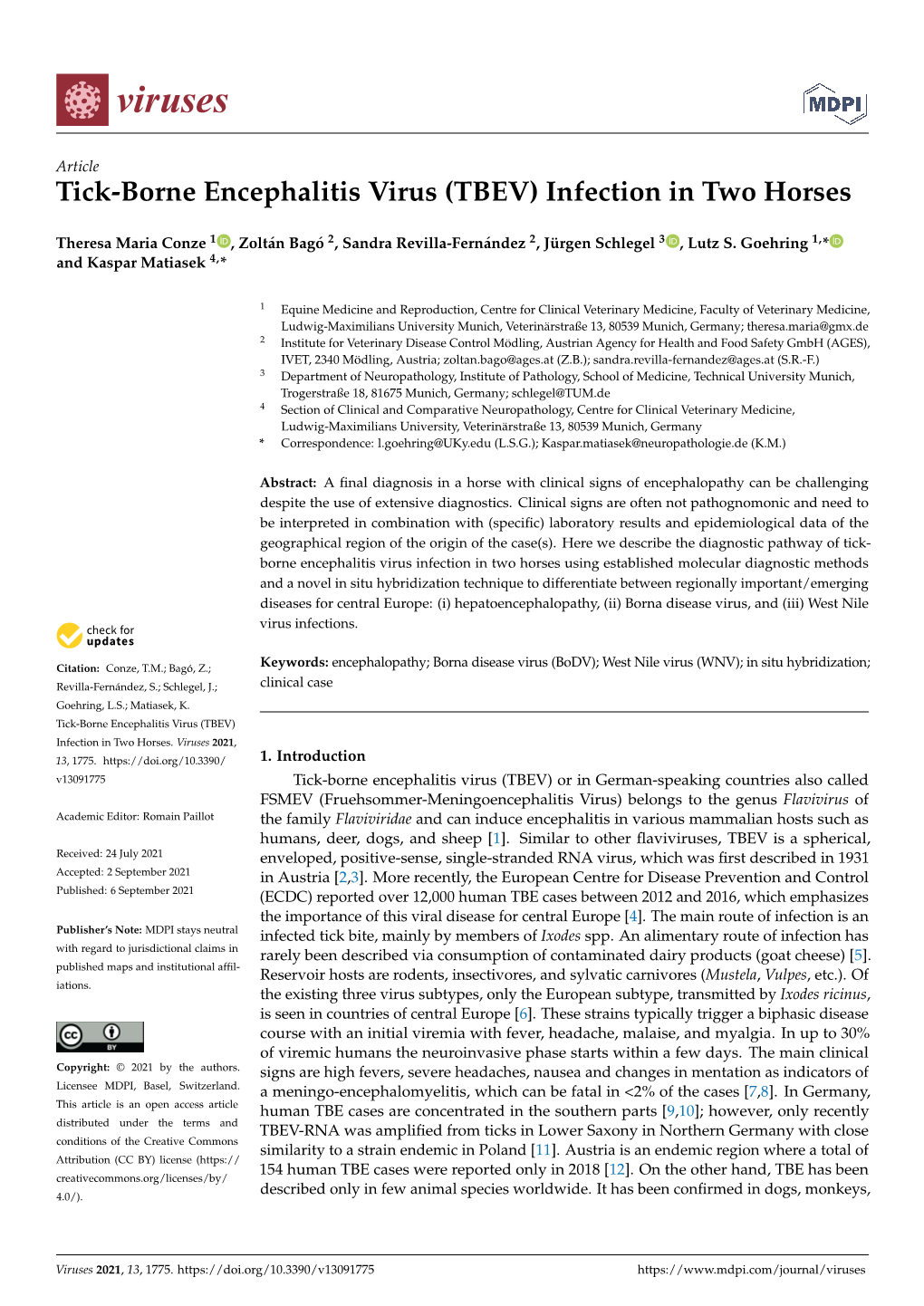 Tick-Borne Encephalitis Virus (TBEV) Infection in Two Horses