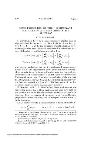 Some Properties of the Discriminant Matrices of a Linear Associative Algebra*