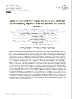 Organic Wastes from Bioenergy and Ecological Sanitation As a Soil Fertility Improver: a ﬁeld Experiment in a Tropical Andosol
