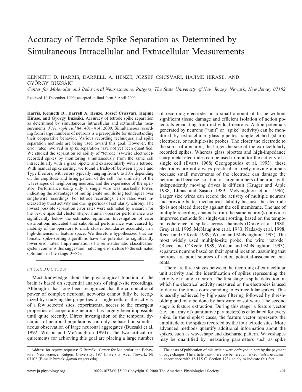 Accuracy of Tetrode Spike Separation As Determined by Simultaneous Intracellular and Extracellular Measurements