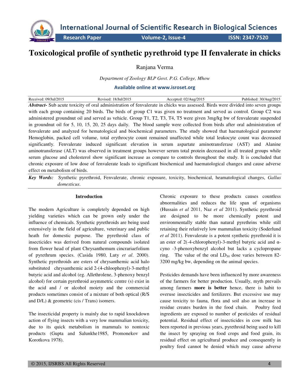 Toxicological Profile of Synthetic Pyrethroid Type II Fenvalerate in Chicks