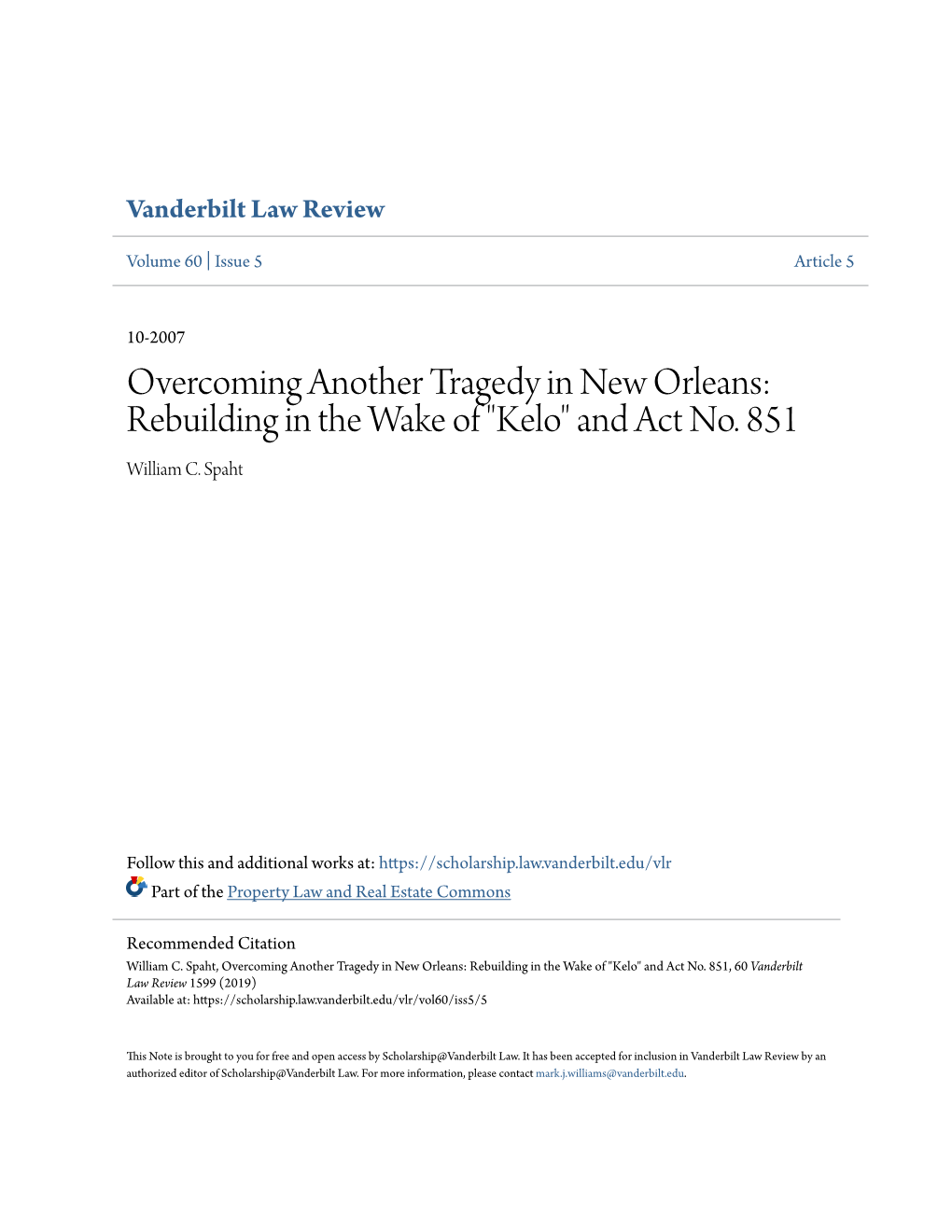 Overcoming Another Tragedy in New Orleans: Rebuilding in the Wake of "Kelo" and Act No