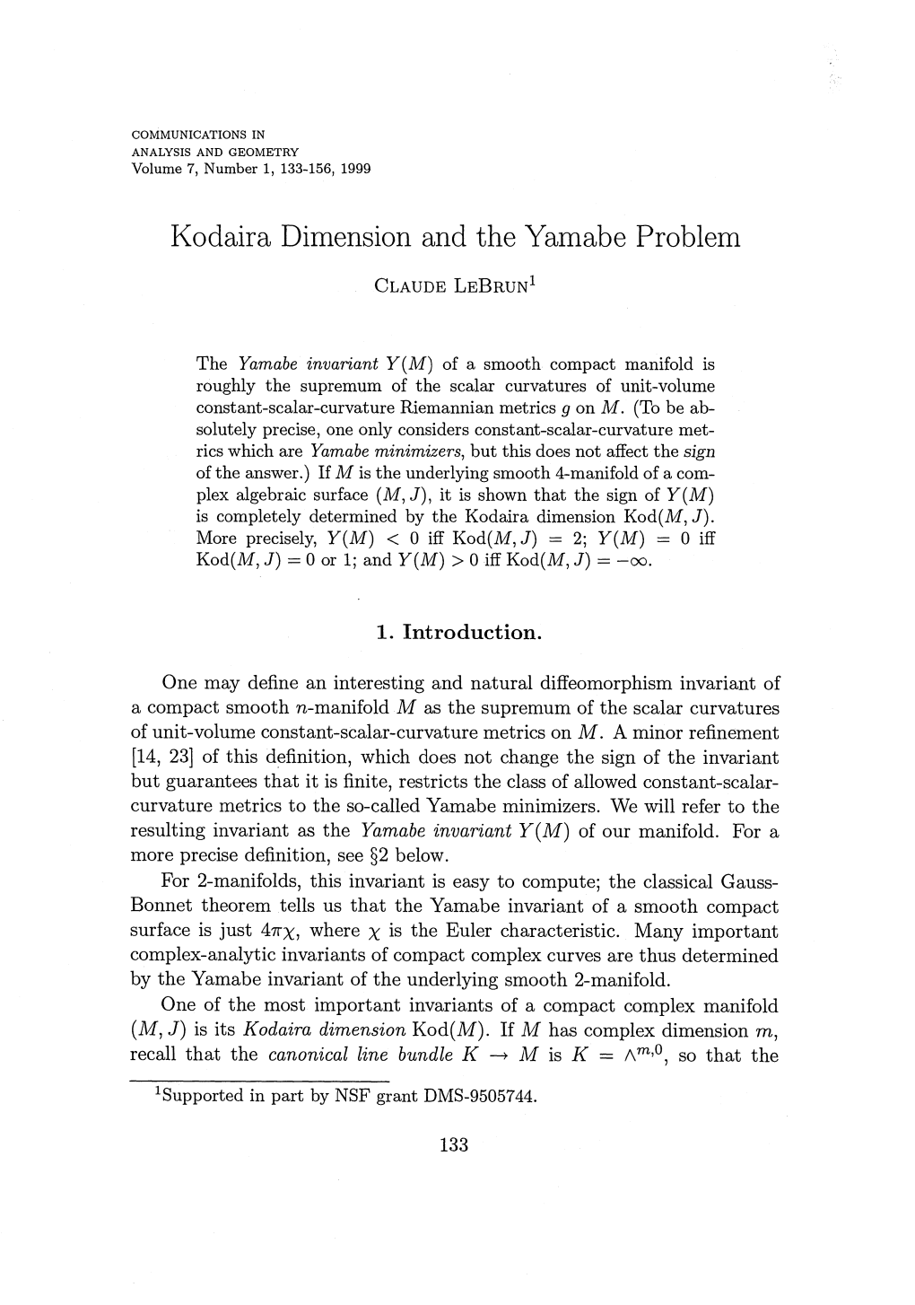 Kodaira Dimension and the Yamabe Problem