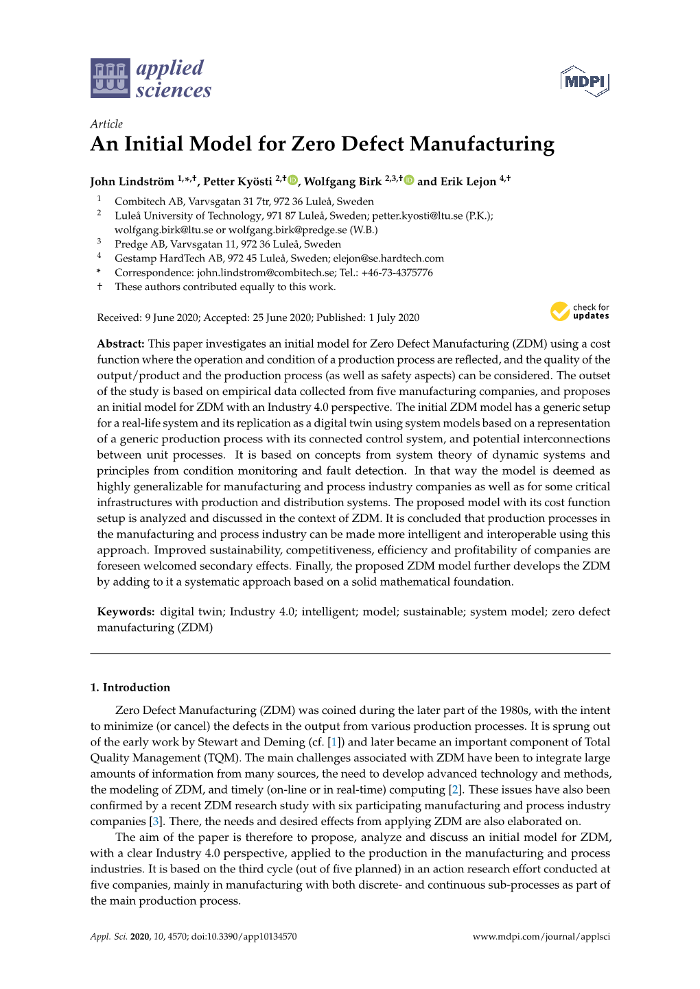 An Initial Model for Zero Defect Manufacturing