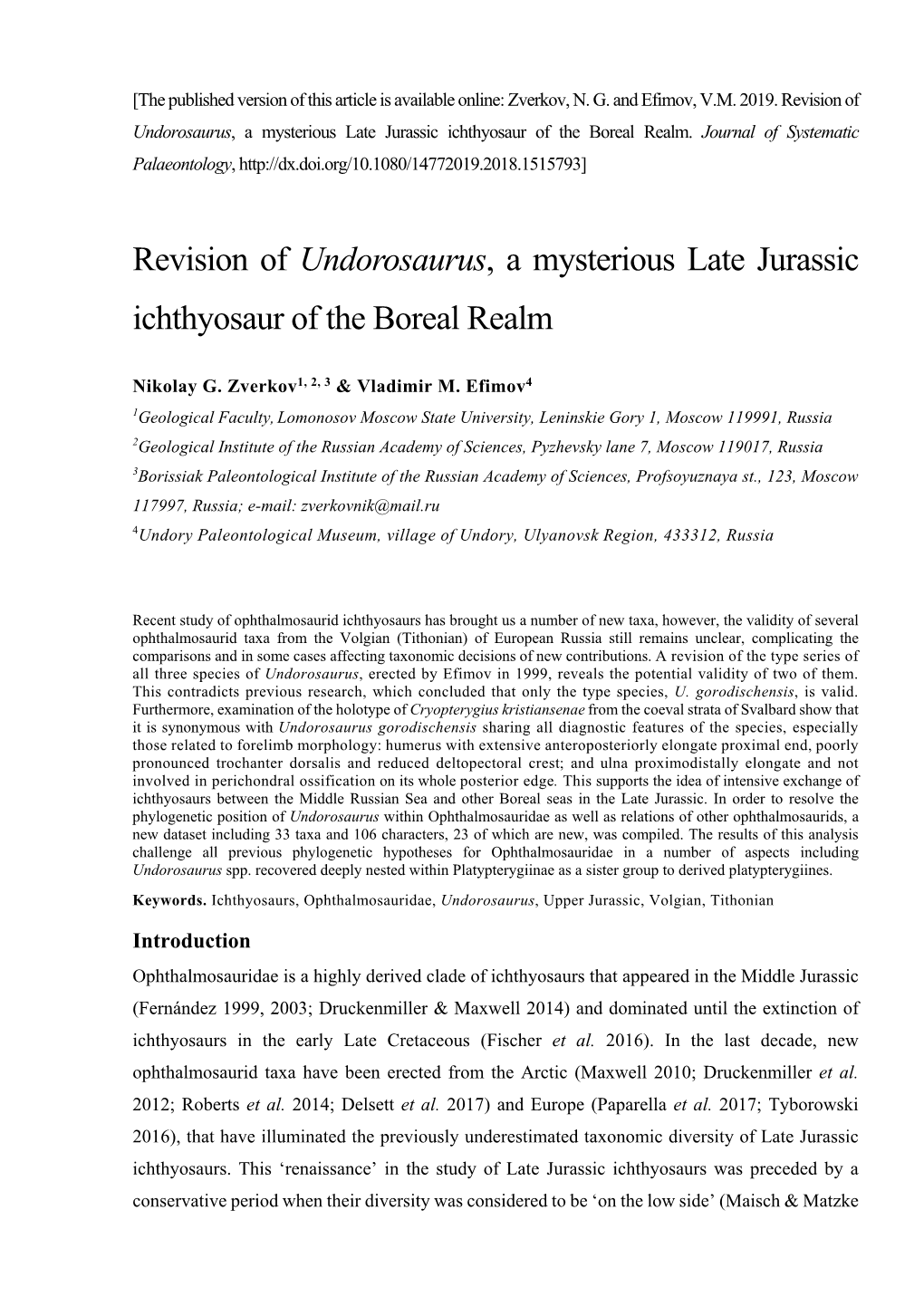 Revision of Undorosaurus, a Mysterious Late Jurassic Ichthyosaur of the Boreal Realm