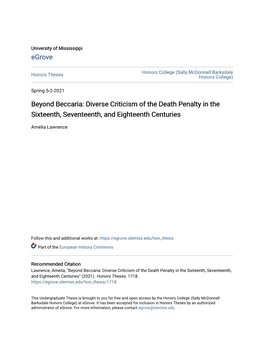 Beyond Beccaria: Diverse Criticism of the Death Penalty in the Sixteenth, Seventeenth, and Eighteenth Centuries