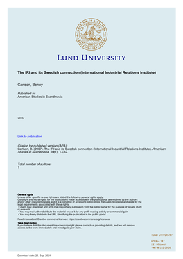 The IRI and Its Swedish Connection (International Industrial Relations Institute)