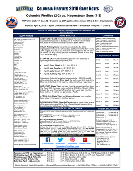 Columbia Fireflies 2018 Game Notes