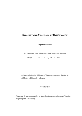 Evreinov and Questions of Theatricality