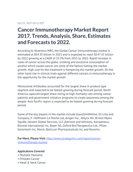 Cancer Immunotherapy Market Report 2017, Trends, Analysis, Share, Estimates and Forecasts to 2022