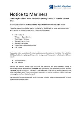 Notice to Mariners Scottish Hydro Electric Power Distribution (SHEPD) – Notice to Mariners October 2018