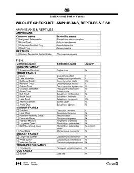 Wildlife Checklist: Amphibians, Reptiles & Fish
