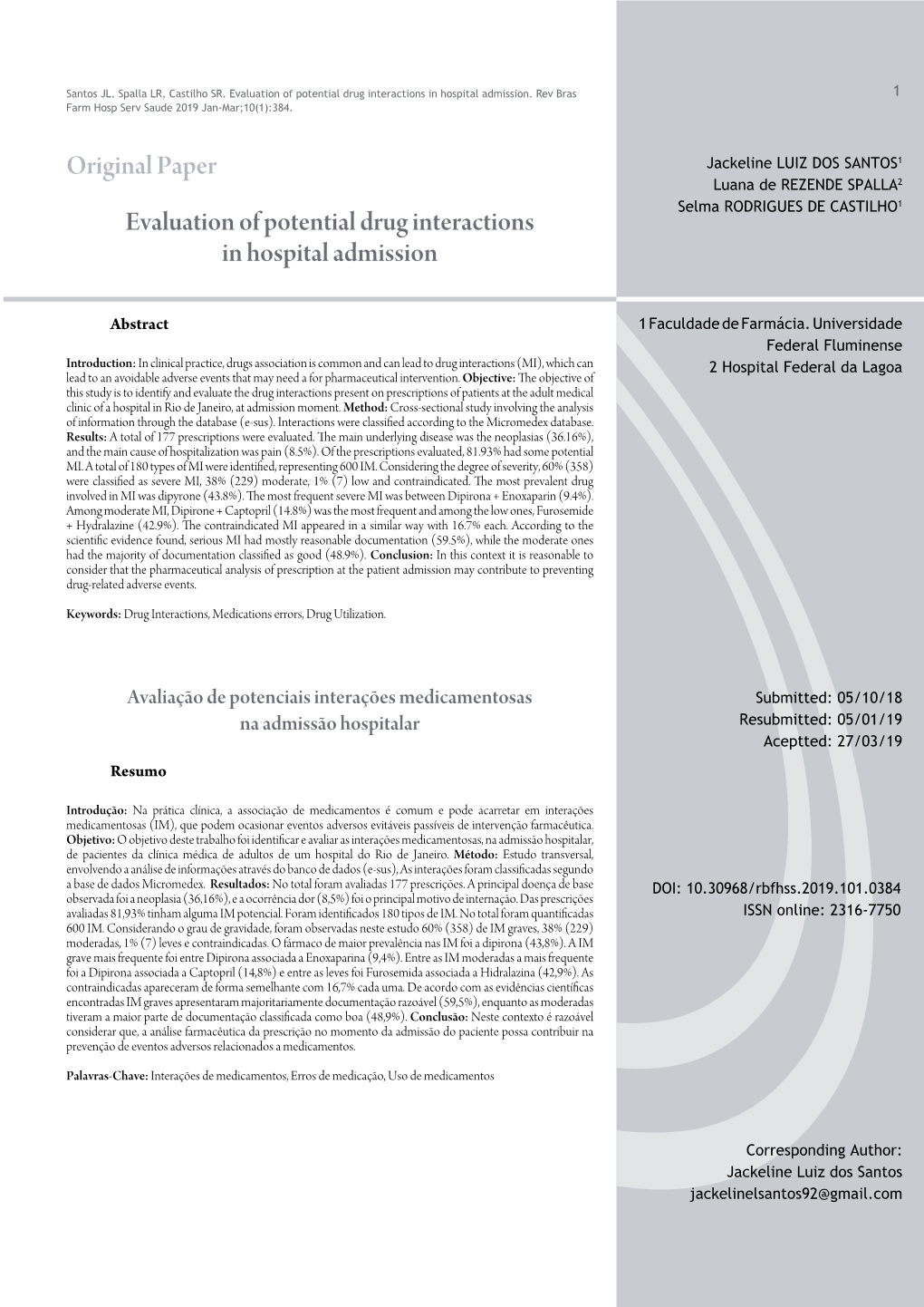 Original Paper Evaluation of Potential Drug Interactions in Hospital