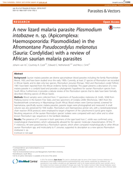 A New Lizard Malaria Parasite Plasmodium Intabazwe N. Sp