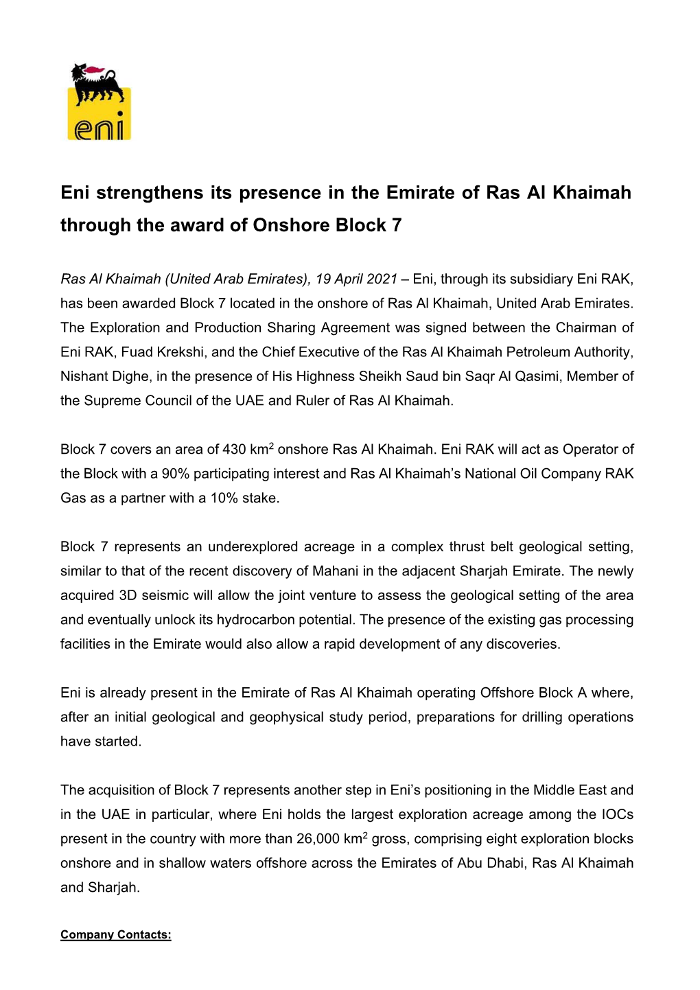 Eni Strengthens Its Presence in the Emirate of Ras Al Khaimah Through the Award of Onshore Block 7