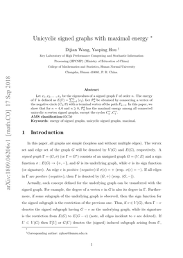 Unicyclic Signed Graphs with Maximal Energy Arxiv:1809.06206V1 [Math