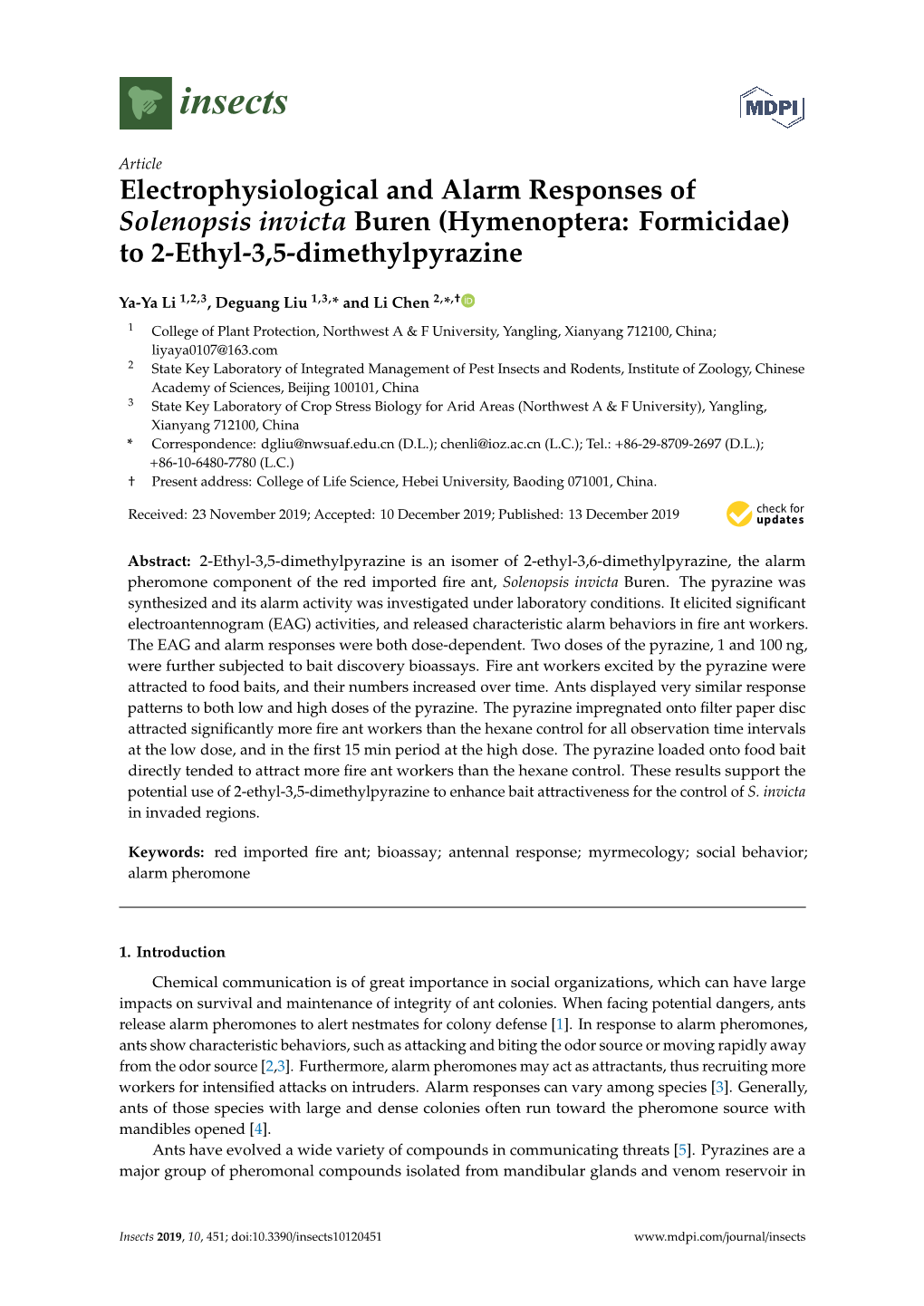 Electrophysiological and Alarm Responses of Solenopsis Invicta Buren (Hymenoptera: Formicidae) to 2-Ethyl-3,5-Dimethylpyrazine